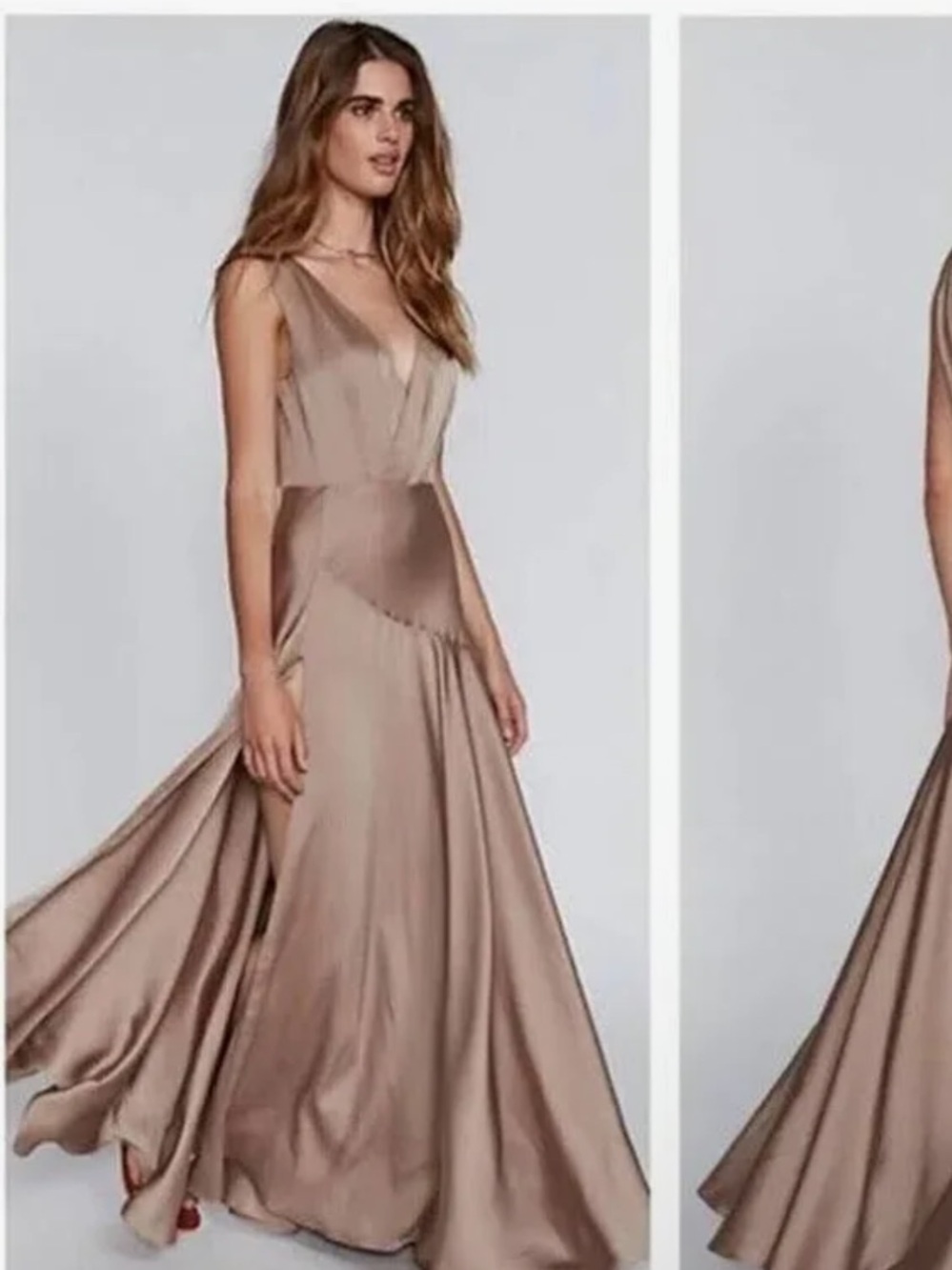 Fame and Partners Taupe Champagne Maxi High Slit Plunge V Neck Dress Size 4